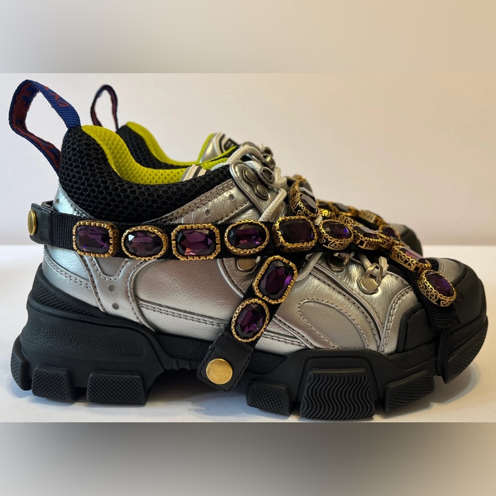 Gucci flashstrek Sneakers - Black, Silver, and Purple Crystal straps L6-6.5